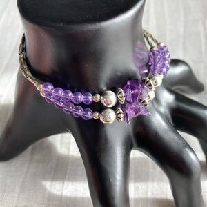 💐3/$12 Double-Strand Amethyst Chip Beaded Bracelet Silvertone 7.5”